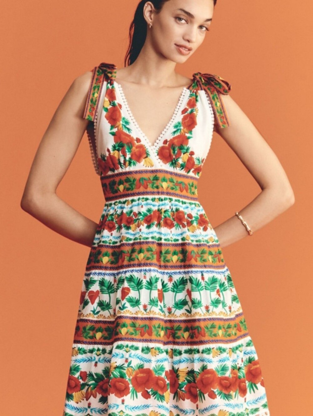 Farm Rio White Floral Tie-Shoulder Midi Dress with Orange Blooms